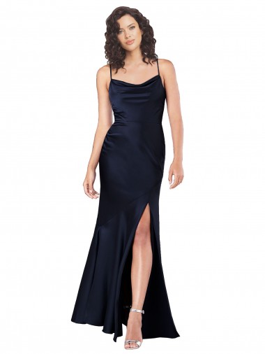 Wholesale Draped Cowl Neck Formal Silky Satin Bridesmaid Dress / Prom Dress with Skirt Slit