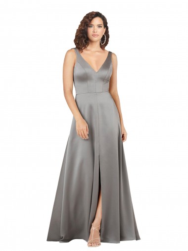 Wholesale Plunging V-Neckline Long A-Line Formal Silky Satin Bridesmaid Dress / Prom Dress