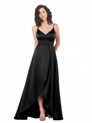 Wholesale High Low V-Neckline Formal Silky Satin Tulip Bridesmaid Dress / Prom Dress with Wrap Skirt