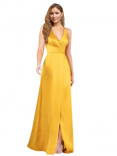 Wholesale Halter A-Line Formal Silky Satin Bridesmaid Dress / Prom Dress with V-Neckline and Slit