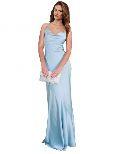 Wholesale Open Back with Ties Cowl Neck Sheath Formal Silky Satin Long Bridessmaid Dress