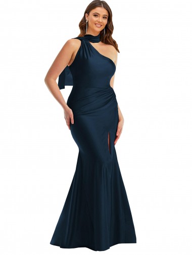 Wholesale Scarf Neck One Shoulder Formal Silky Satin Mermaid Bridesmaid Dress / Prom Dress with Front Slit