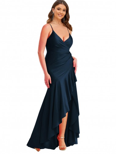 Wholesale Pleated Wrap Ruffled High Low Formal Silky Satin Bridesmaid Dress / Prom Dress