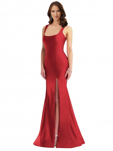 Wholesale Square Neck Formal Silky Satin Mermaid Bridesmaid Dress / Prom Dress with Side Slit