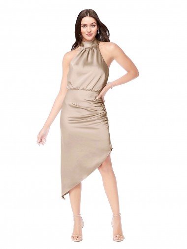 Wholesale Silky Satin High Low Midi Cocktail Length Bridesmaid Dress / Prom Dress with Asymmetric Skirt