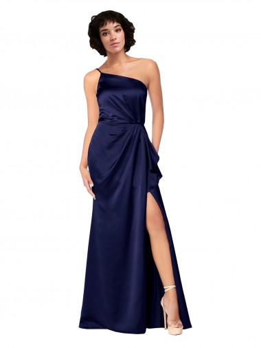 Wholesale One Shoulder Formal Silky Satin Bridesmaid Dress / Prom Dress with Skirt Slit