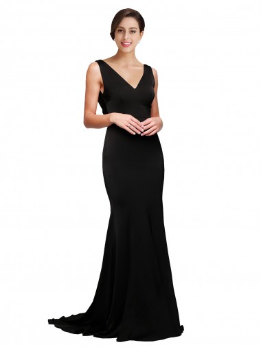 Wholesale V-Neck Full Length Formal Silky Satin Bridesmaid Dress / Prom Dress with Soft Cowl Neck and Sweep Train