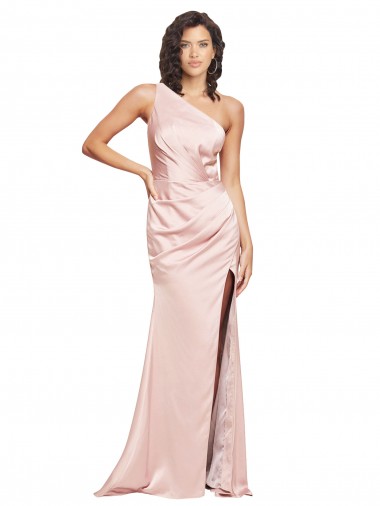 Wholesale Full Length Ruched Formal Silky Satin Bridesmaid Dress / Prom Dress with Low Back and High Split