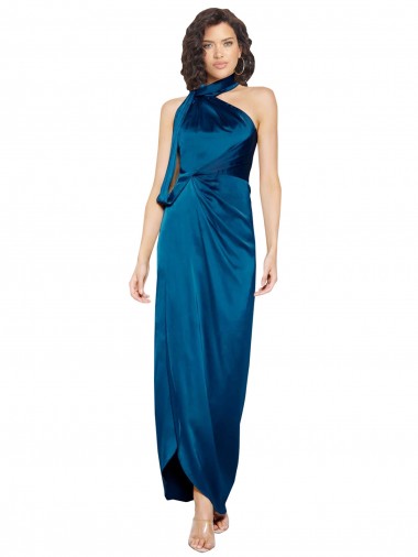 Wholesale High Halter Neck Formal Silky Satin Bridesmaid Dress / Prom Dress with Sash Overlay and Side Split