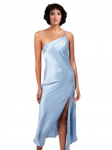 Wholesale Midi Length Short Formal Silky Satin Bridesmaid Dress / Cocktail Prom Dress with Asymmetric Neckline and High Side Split