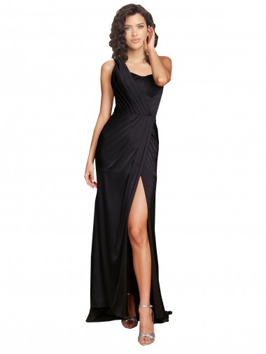 Wholesale Full Length One Shoulder Ruffled Long Formal Silky Satin Bridesmaid Dress / Prom Dress with High Slit