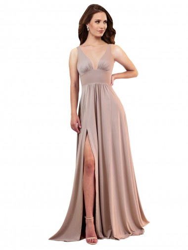 Wholesale Long A-Line Plunge V-Neckline Formal Spandex Bridesmaid Dress / Prom Dress with Slit
