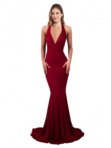 Wholesale Halter Mermaid Plunge V-Neckline Open Back Bow Tie Formal Spandex Bridesmaid Dress / Prom Dress