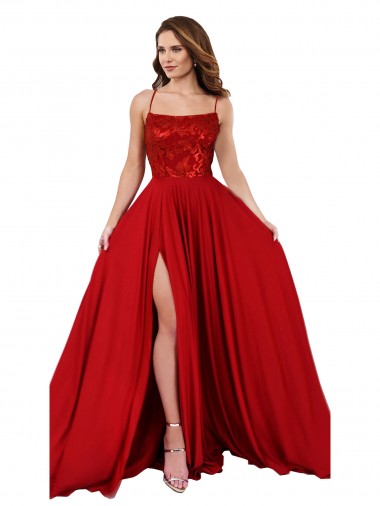 Wholesale Lace Over Bodice Long Spandex Bridesmaid Dress / Prom Dress with Slit