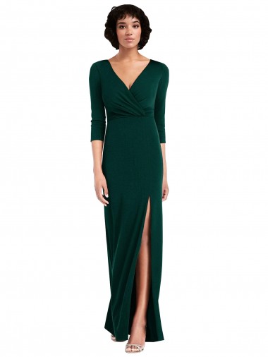 Wholesale Floor Length 3/4 Sleeves V-Back Draped Wrap Formal Maxi Spandex Bridesmaid Dress / Prom Dress