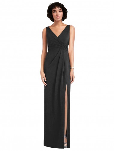 Wholesale Draped Wrap Formal Maxi Spandex Bridesmaid Dress / Prom Dress with Front Slit