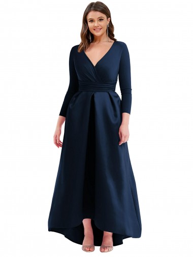 Wholesale Long Sleeves Wrapped Formal Spandex Bridesmaid Dress / Prom Dress with High Low Full Skirt and Pockets
