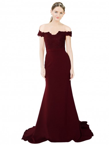 Wholesale Full Length Off the Shoulder Formal Crepe Bridesmaid Dress / Prom Dress with Lace On Bodice and Back