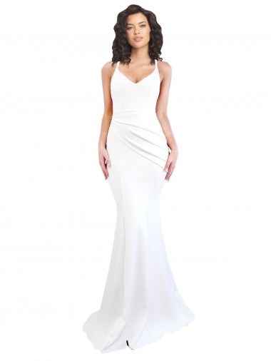 Wholesale Fishtail Shape Spaghetti Straps Open Back Formal Crepe Bridesmaid Dress / Prom Dress with Ruffles