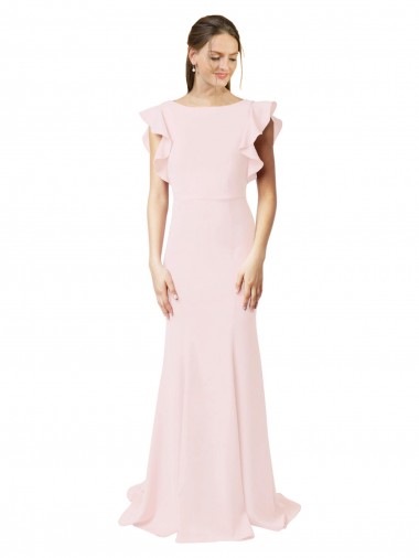 Wholesale Low V-Back Long Mermaid Crepe Bridesmaid Dress / Prom Dress with Ruffled Sleeves