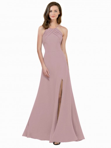 Wholesale High Neck Crepe Bridesmaid Dress / Prom Dress with Pleats and Keyhole Back