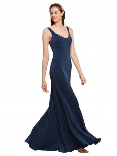 Wholesale Fit and Flare Long Formal Crepe Bridesmaid Dress / Prom Dress with Round Neck