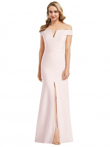 Wholesale Off the Shoulder Notch Trumpet Formal Crepe Bridesmaid Dress / Prom Dress with Front Slit