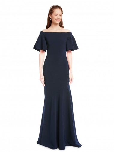 Wholesale Off the Shoulder Formal Crepe Bridesmaid Dress / Prom Dress with Short Ruffle Sleeves.