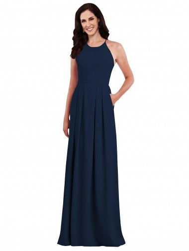 Wholesale Criss Cross Back Crepe Halter Bridesmaid Dress with Pockets