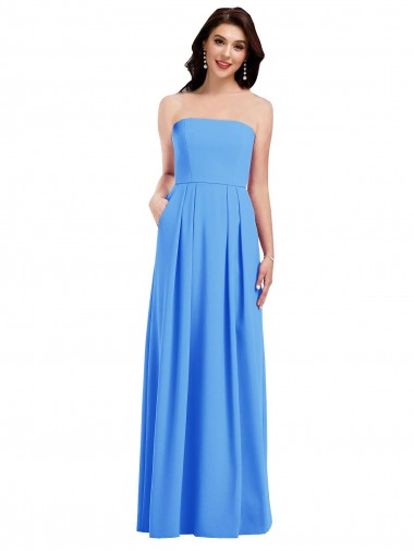 Wholesale Strapless Pleated Skirt Crepe Bridesmaid Dress / Prom Dress with Pockets