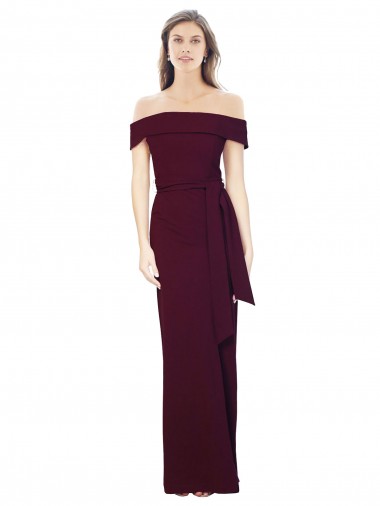 Wholesale Off the Shoulder Long Formal Crepe Bridesmaid Dress / Prom Dress with Waist Tie