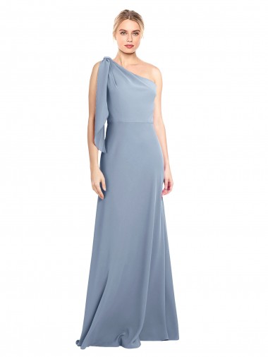 Wholesale Draped Flutter Sleeves One Shoulder Stretch Formal Crepe Bridesmaid Dress / Prom Dress