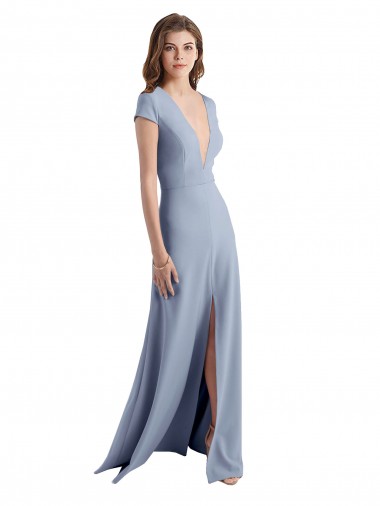 Wholesale Plunging V-Neck Cap Sleeves Stretch Crepe Bridesmaid Dress / Prom Dress with Front Slit