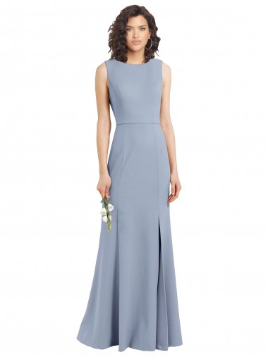 Wholesale Boat Neckline and Sleek Fit and Flare Crepe Bridesmaid Dress with Keyhole Back