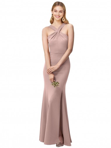 Wholesale Long Floor Length High Neck Fit and Flare Stretch Crepe Bridesmaid Dress / Prom Dress with Side Slit