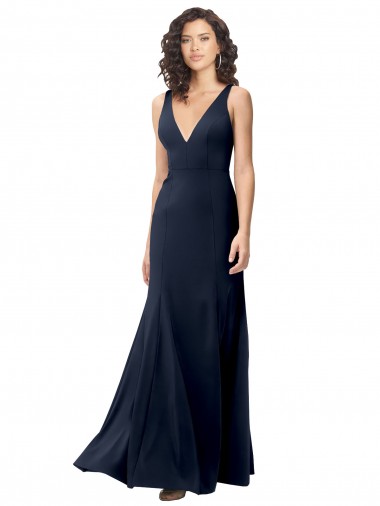 Wholesale Classic V-Neck Long Stretch Formal Crepe Bridesmaid Dress / Prom Dress with V-Back