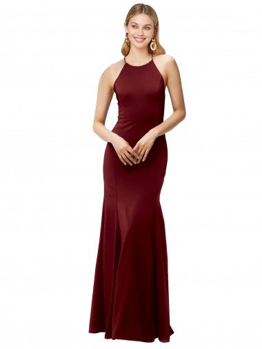 Wholesale Fit and Flare Halter Neckline Stretch Formal Crepe Bridesmaid Dress / Prom Dress with Strappy Back