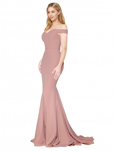 Wholesale Off the Shoulder Sweetheart Long Sweep Train Formal Crepe Bridesmaid Dress / Prom Dress