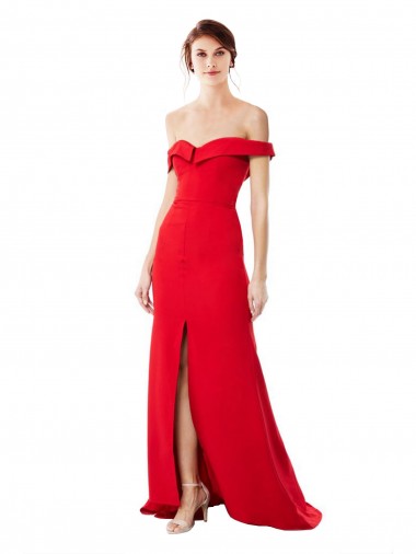 Wholesale Off the Shoulder Chapel Train Formal Crepe Bridesmaid Dress / Prom Dress with Thigh-High slit