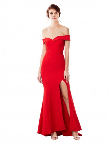 Wholesale Off the Shoulder Sweetheart Maxi Formal Crepe Bridesmaid Dress / Prom Dress With Thigh Split and Train