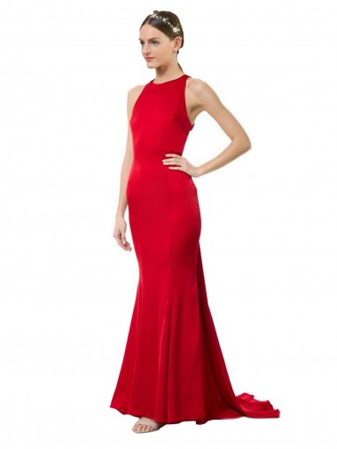Wholesale High Neck Mermaid Open Back Formal Crepe Maxi Bridesmaid Dress / Prom Dress with Train Detail
