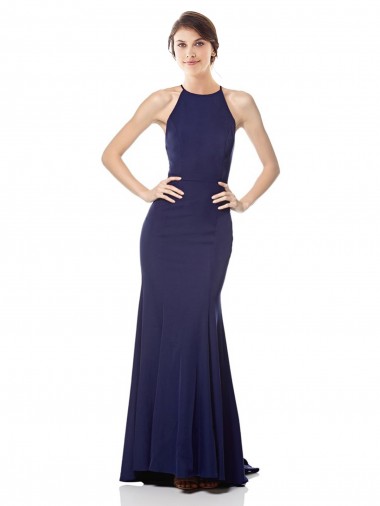 Wholesale High Neck Fishtail Formal Crepe Bridesmaid Dress / Prom Dress with Open Back Detail
