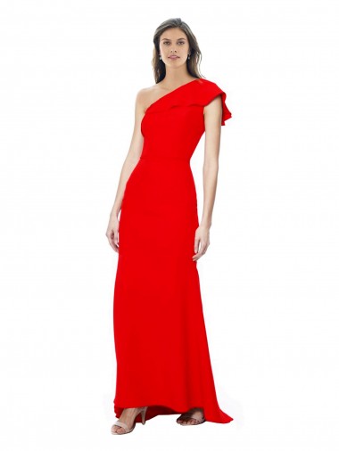 Wholesale High Neck Ruffle Frill One Shoulder Maxi Formal Crepe Bridesmaid Dress / Prom Dress