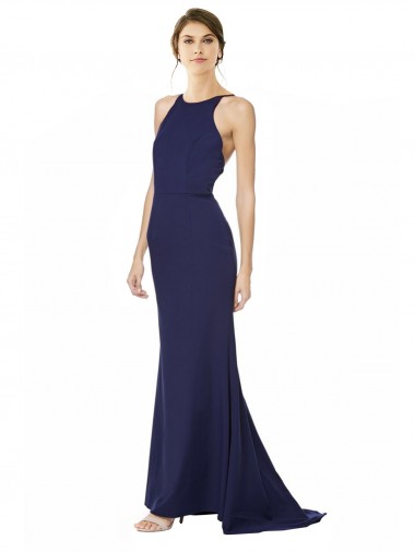 Wholesale Fishtail High Neck Maxi Formal Crepe Bridesmiad Dress with Strappy Back Detail