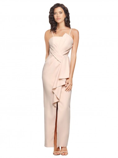 Wholesale Long Full Length Ruffles Strapless Low Back Crepe Bridesmaid Dress / Prom Dress with Straps