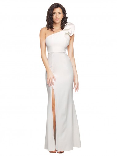 Wholesale One Shoulder Long Full Length Formal Crepe Bridesmaid Dress / Prom Dress with Ruffles and Side Split