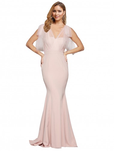 Wholesale Double Bow Full Length Sweetheart Formal Crepe Bridesmaid Dress / Prom Dress with Tulle Overlay