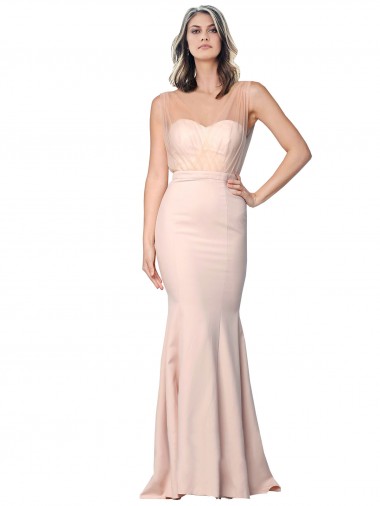 Wholesale Full Length Sweetheart Formal Crepe Bridesmaid Dress / Prom Dress with Tulle Overlay