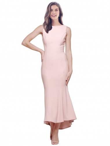 Wholesale High Neck Low V-Back Cocktail Midi Length Formal Crepe Bridesmaid Dress / Prom Dress