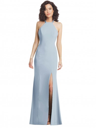 Wholesale High Neck Halter Formal Crepe Bridesmaid Dress / Prom Dress with Twist Criss Cross Back